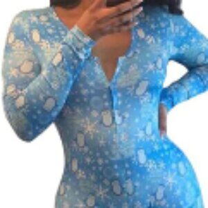 Penguin Print Sexy Woman's Deep V-neck Long Pants Jumpsuit with Long Sleeve